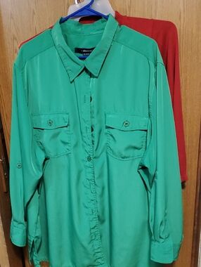 Denim&Co Emerald Green Satiny Long-Sleeve Button Front Tunic